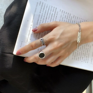Men's S925 sterling silver set with minimalist ring, signet ring, and chain bracelet