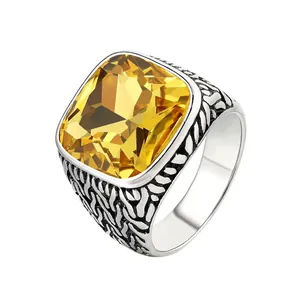 Bague Chevalière Vintage en Acier Titane pour Homme Pierre Carrée Rouge Bleue Jaune Noire Punk Hip Hop Bijoux
