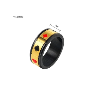Detail shot of 8mm rotating poker card ring in black brushed and gold polished steel