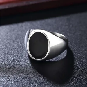 Minimalist silver men's titanium steel signet ring with oval black resin inlay