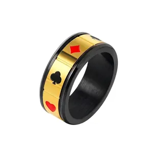 Stainless Steel Spinner Ring For Men Black Gold Two Tone Poker Suit Pattern Spade Heart Club Diamond Rotating Punk Finger Jewelry
