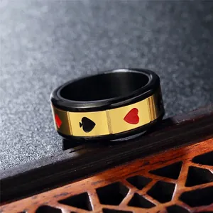 Rotating poker card spinner ring in black and gold stainless steel for men