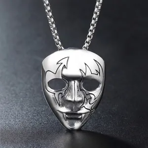 Gothic bat skull mask pendant necklace in titanium steel with a square pearl chain