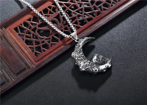 Macro shot of vintage moon and skull pendant with detailed meteorite texture and steel chain