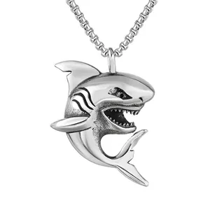 Punk Shark Pendant Necklace For Men Titanium Steel Retro Animal Jewelry Edgy Silver Color Shark Necklace Accessory