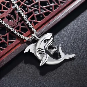 Punk style silver shark pendant necklace in stainless steel with a square box chain