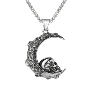 Gothic moon and skull pendant necklace in vintage silver steel with a chunky box chain
