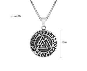 Close-up of vintage Valknut pendant with runic alphabet border and dimensions 36mm