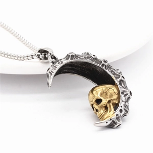 Vintage crescent moon and golden skull pendant necklace with silver box chain for men