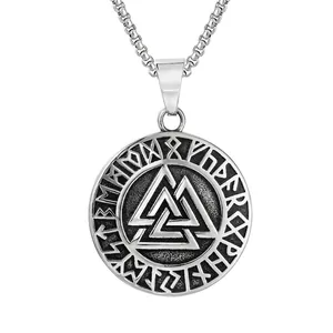 Viking Valknut Rune Circle Pendant Necklace Retro Titanium Steel Nordic Mythology Necklace Jewelry For Men Without Chain