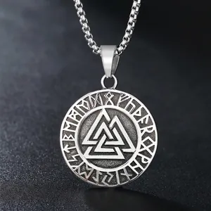 Nordic Viking Valknut pendant necklace in vintage stainless steel with box chain