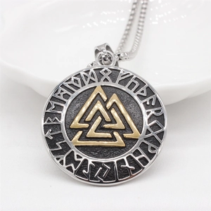 Nordic Viking Valknut pendant necklace in stainless steel with gold runes on a silver disk