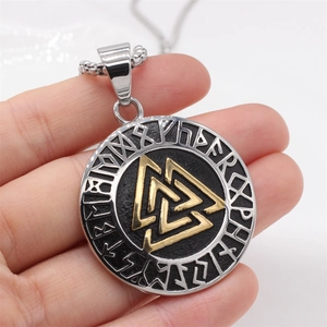 Vintage Nordic Viking Valknut pendant necklace with gold Rune circle in stainless steel