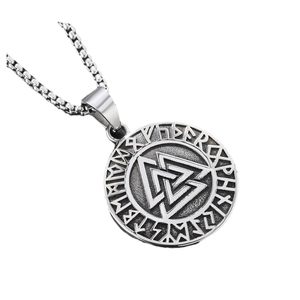 Vintage Viking Valknut round pendant necklace in silver stainless steel with box chain