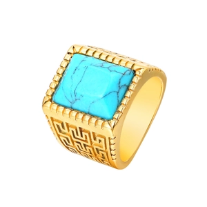 Anello da uomo placcato oro vintage con pietra turchese e motivi greci