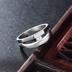 Polished titanium steel ring with sparkling hollow diamond setting at 45-degree angle