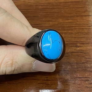 Oval blue turquoise gemstone ring in black titanium steel band for men and women