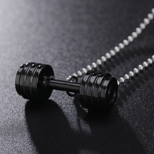 Collier avec pendentif haltère en acier noir et chaîne à billes argentée pour hommes