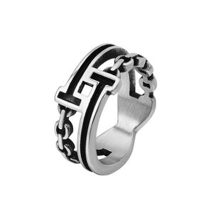 Retro Stainless Steel Chain Link Ring For Men Women Punk Hollow Greek Key Pattern Band Ring Silver Black Jewelry Gift