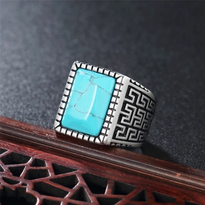 Anello vintage da uomo in acciaio inossidabile con turchese e motivi greci