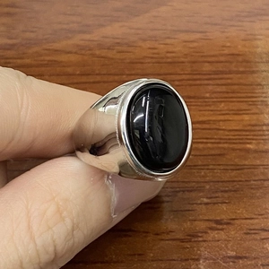 Classic stainless steel ring with a large oval black stone inlay for men