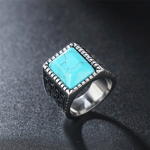 Anello vintage in acciaio inossidabile con turchese blu quadrato e incisione geometrica