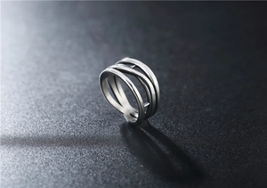 Macro detail of retro multilayer winding titanium steel ring with matte silver finish