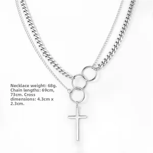 Double-layered silver cross pendant necklace with Cuban chain and link rings, length 69-73cm