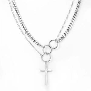 Hip Hop Style Silver Titanium Steel Double Layered Cross Pendant Necklace For Men Women Cool Punk Street Jewelry Neckpiece