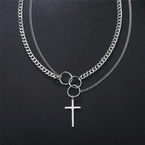 Double-layer stainless steel cross necklace with cuban and link chain street style