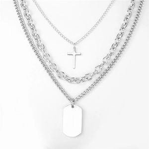 Collier Multirang en Acier Titane avec Pendentif Croix et Plaque d'identité Hip Hop Homme Femme Argent Bijoux Punk Streetwear