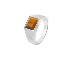 Macro shot of silver signet ring with rectangular tiger eye gemstone inlay and polished steel