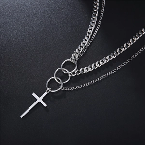 Cool silver double layer cuban chain necklace with cross pendant for men and women