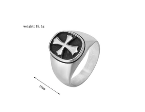 Macro detail of retro stainless steel cross signet ring showing 16mm width and 15.1g weight