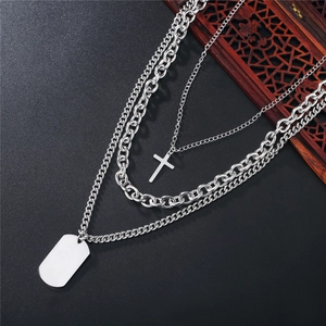 Collier multicouche en acier inoxydable avec croix et pendentif militaire homme