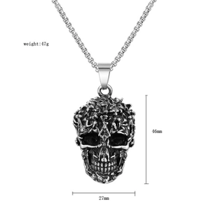 Gothic skull pendant with antique finish, 47g weight and 46mm size on stainless steel chain