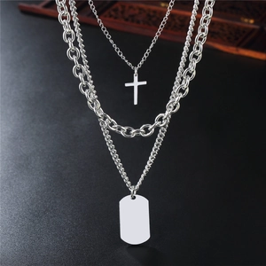 Collier multicouche en acier inoxydable avec pendentifs croix et plaque style punk