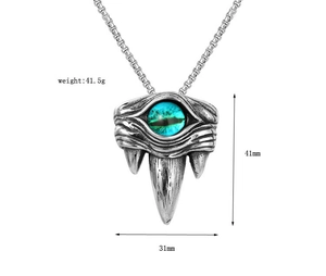 Detail shot of 41mm evil eye claw pendant showing dimensions and 41.5g weight info