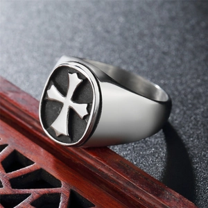 Vintage stainless steel signet ring for men featuring a black disc with silver Maltese cross
