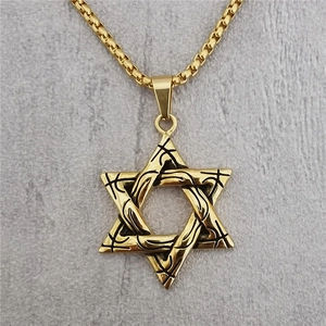 Collana con pendente a esagramma vintage in acciaio inossidabile dorato con incisioni