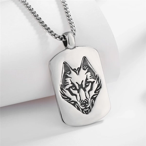 Retro Edelstahl Wolfskopf Anhänger Halskette mit quadratischer Perlenkette für Herren