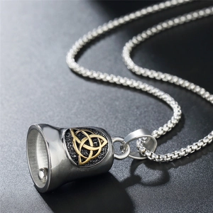 Viking bell necklace with golden trinity knot pendant on stainless steel square chain