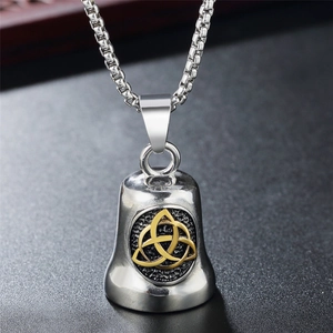 Retro stainless steel bell pendant necklace with golden triquetra symbol and box chain
