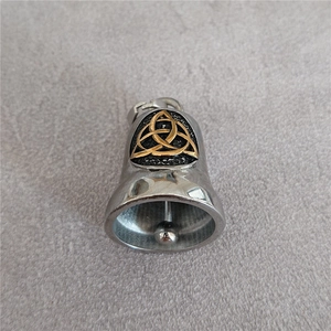 Vintage stainless steel Viking bell pendant with golden Celtic Triquetra knot detail