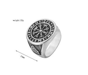 Detailed macro view of Viking Vegvisir ring in stainless steel with 24mm width and 32g weight