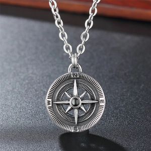 Vintage compass pendant necklace in oxidized silver steel with black stone inlay