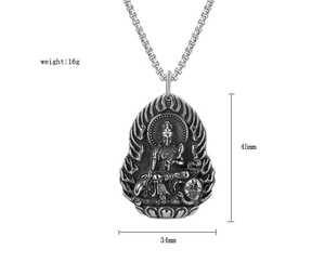 Detail showing Guan Yin pendant size with dimensions of 45mm by 34mm on white background