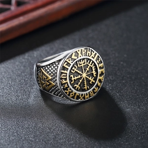 Bague boussole Viking Vegvisir pour homme en acier inoxydable argenté et doré