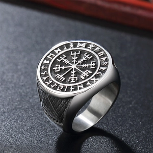 Men's Viking compass stainless steel ring with Nordic runes and textured geometry