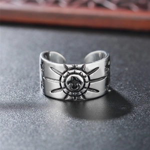 Retro punk eagle sun pattern open ring in antique silver finish for men and women